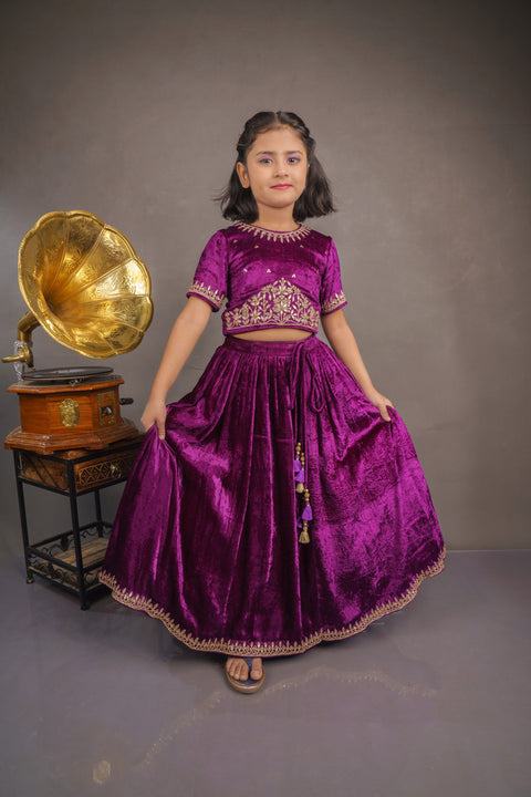 Pre-Order:  Floral Sequin Work Purple Velvet Top With Lehenga