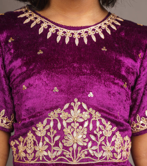 Pre-Order:  Floral Sequin Work Purple Velvet Top With Lehenga