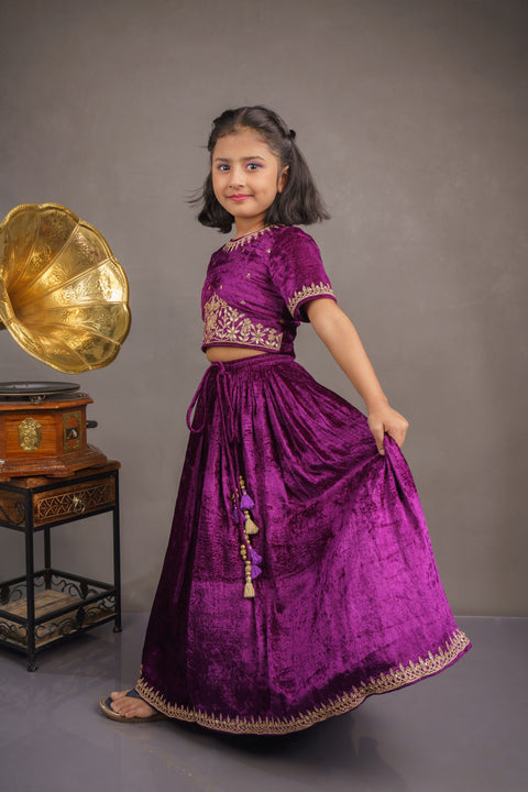 Pre-Order:  Floral Sequin Work Purple Velvet Top With Lehenga