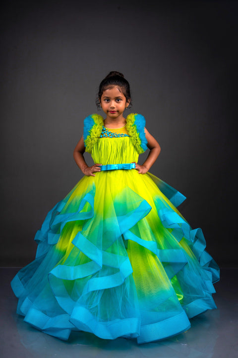 Pre-Order: Lime Green & Turquoise Blue Double Shaded Frilled Sleeves Couture Gown