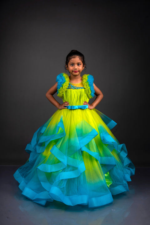 Pre-Order: Lime Green & Turquoise Blue Double Shaded Frilled Sleeves Couture Gown