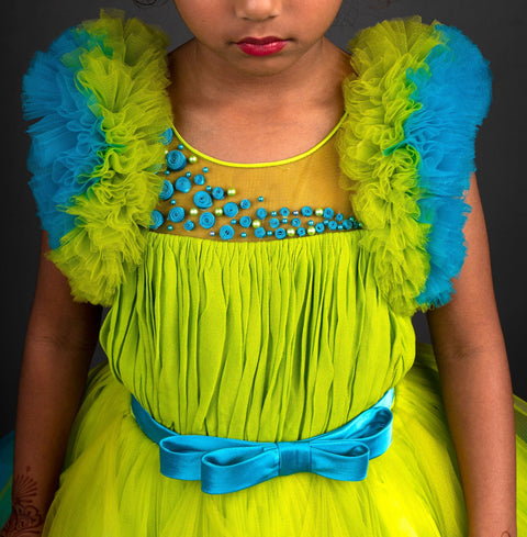 Pre-Order: Lime Green & Turquoise Blue Double Shaded Frilled Sleeves Couture Gown