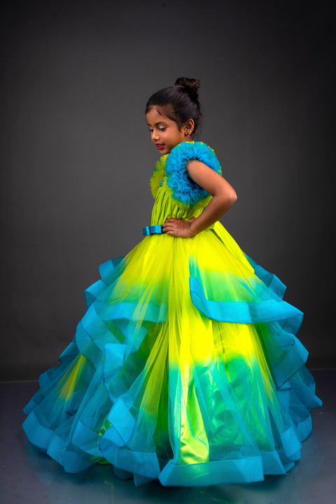 Pre-Order: Lime Green & Turquoise Blue Double Shaded Frilled Sleeves Couture Gown