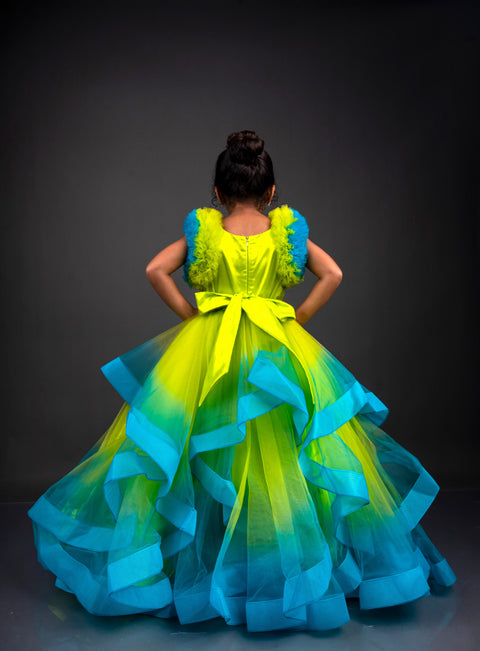 Pre-Order: Lime Green & Turquoise Blue Double Shaded Frilled Sleeves Couture Gown