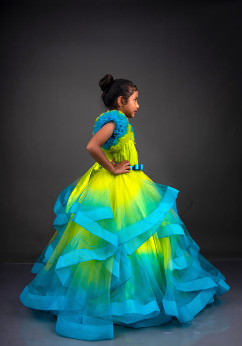 Pre-Order: Lime Green & Turquoise Blue Double Shaded Frilled Sleeves Couture Gown