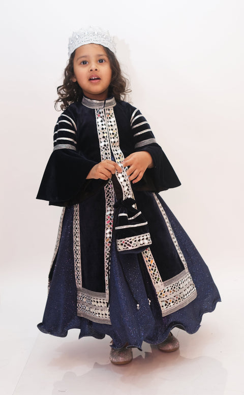 Pre-Order: Blue Velvet Mirror Work Long Jacket with Gown