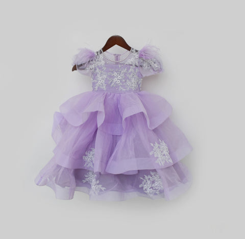 Pre Order: Lilac Net Gown with White Dori Embroidery