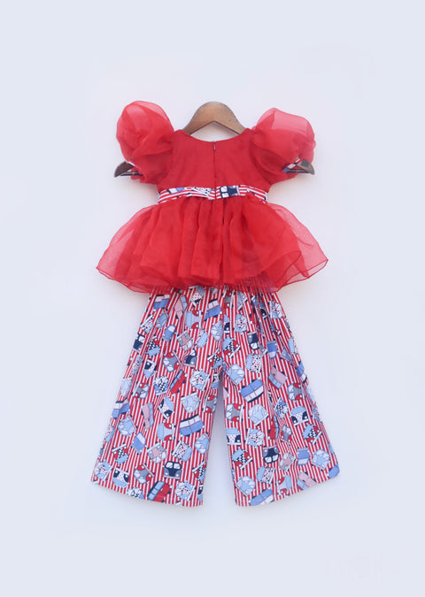 Pre Order: Red Organza Top and Printed Plazo Pant