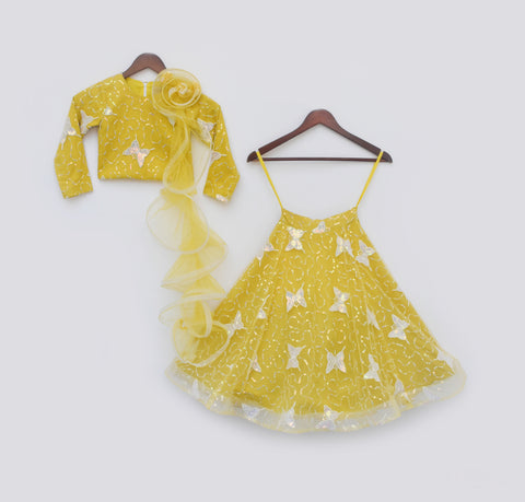 Pre Order: Mustard Yellow Butterfly Net Lehenga Choli