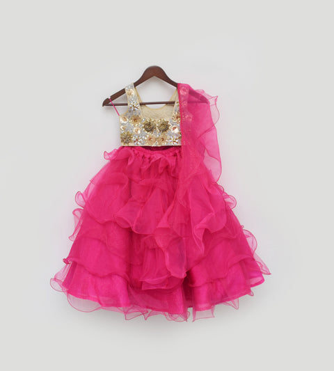 Pre Order: 3D Flowers Choli and Pink Organza Layers Lehenga