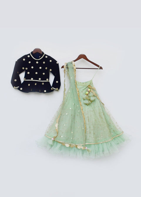 Pre-Order: Dark Blue Velvet Jacket with Green Glitter net Lehenga and Dupatta