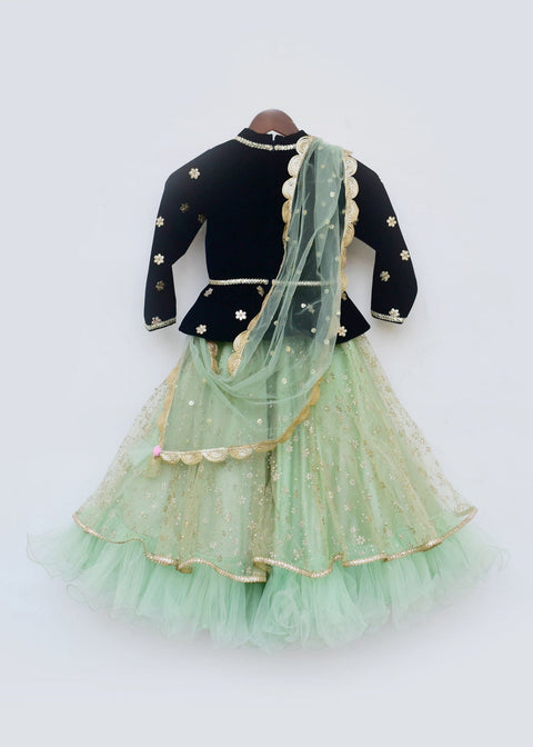Pre-Order: Dark Blue Velvet Jacket with Green Glitter net Lehenga and Dupatta