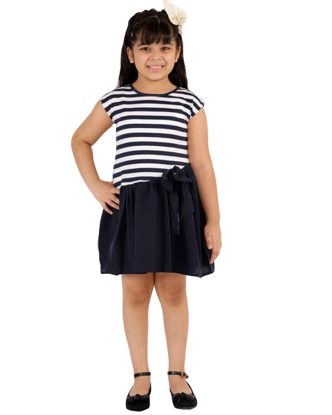 Dress with Stripe Jersey Top part and Crepe Skirt Part with Lining