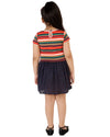 Stripe Dress with Plain Crepe Skirt Part with Pom Poms