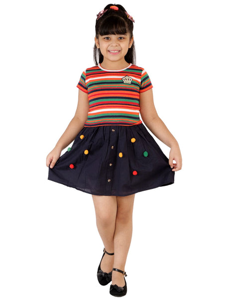 Stripe Dress with Plain Crepe Skirt Part with Pom Poms