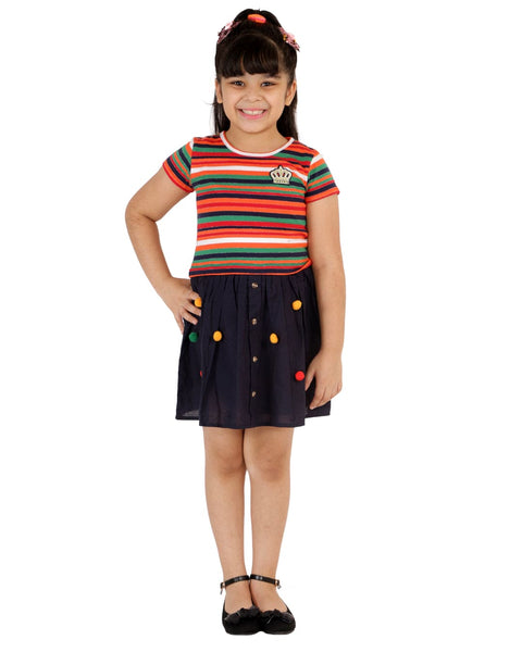 Stripe Dress with Plain Crepe Skirt Part with Pom Poms