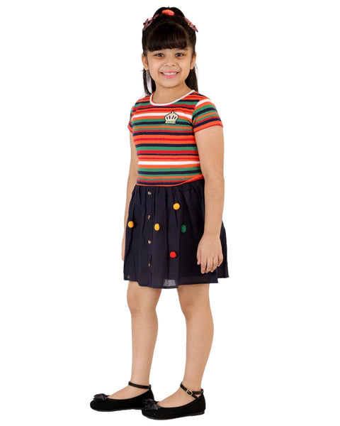 Stripe Dress with Plain Crepe Skirt Part with Pom Poms