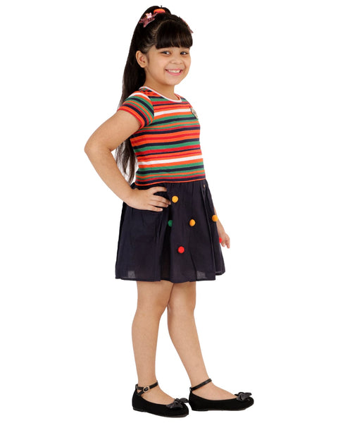 Stripe Dress with Plain Crepe Skirt Part with Pom Poms