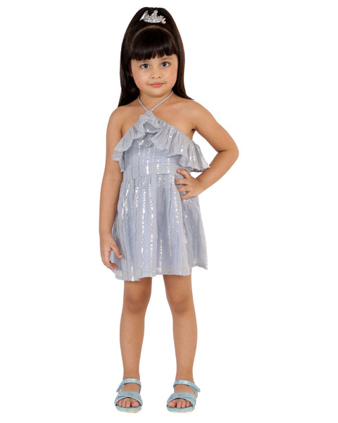 Lurex Cotton Stripe Frill Halter Dress