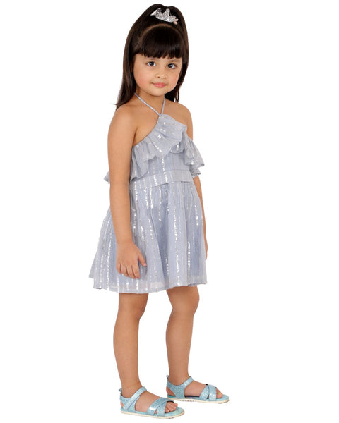 Lurex Cotton Stripe Frill Halter Dress