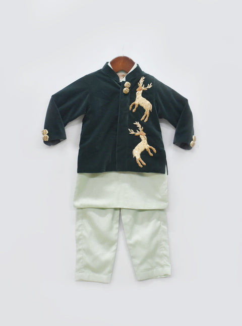 Pre-Order: Emerald Green Velvet Jacket with Pista Green Kurta Pant