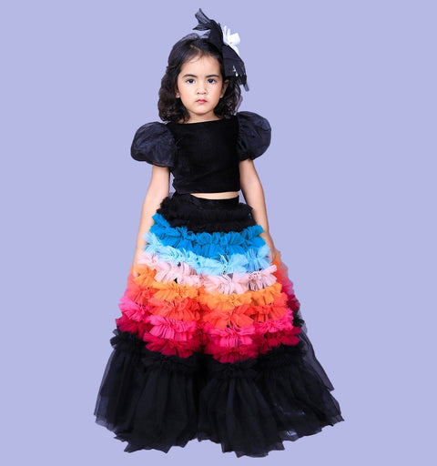 Pre-Order: Velvet Top with Multicolour Lehenga