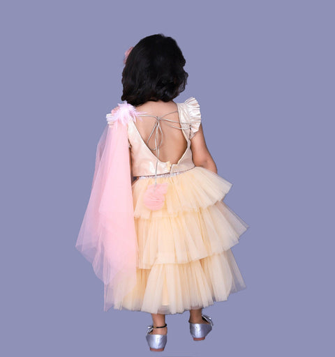 Pre-Order: Rose Brocade Top With Frilled Layered Net Lehenga And Dupatta