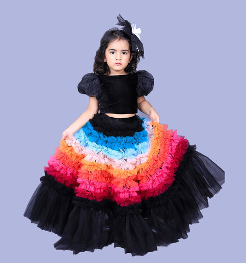 Pre-Order: Velvet Top with Multicolour Lehenga