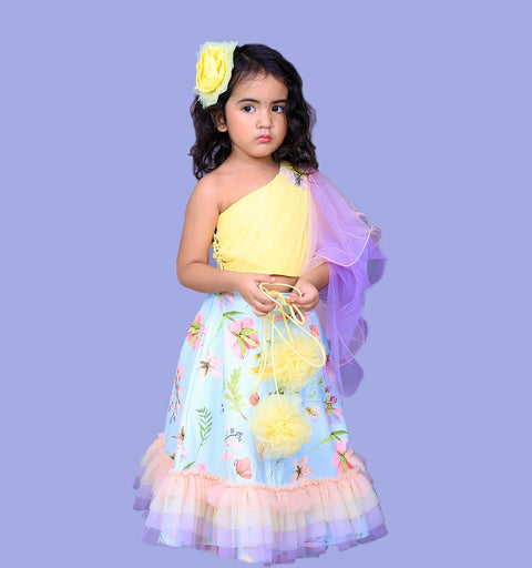 Pre-Order: Butterfly Embellished Pintuck stylish Top with Floral Printed Lehenga