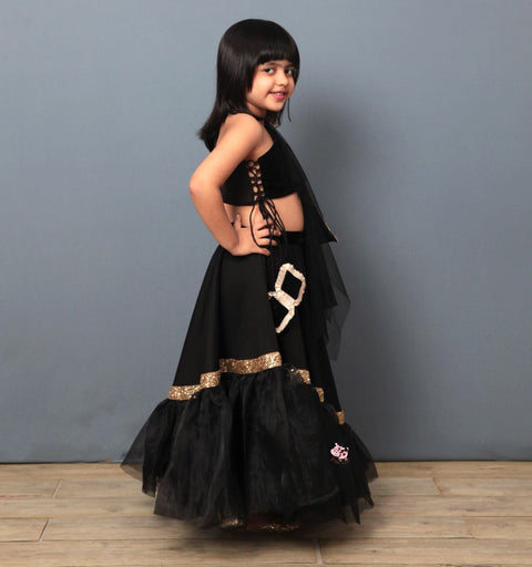 Pre-Order: Black Ghagra Choli with Golden Lace Sash