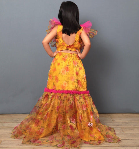 Pre-Order: Yellow Ghagra Choli in Printed Organza with Pink Frilled Top
