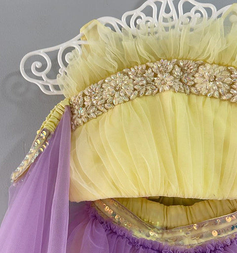 Pre-Order: Stylish Cold Shoulder And Shiny Floral Lace Work Top With Ruffled Lehenga