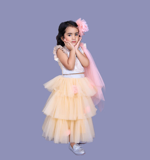 Pre-Order: Rose Brocade Top With Frilled Layered Net Lehenga And Dupatta