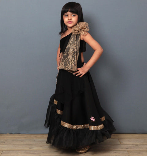 Pre-Order: Black Ghagra Choli with Golden Lace Sash