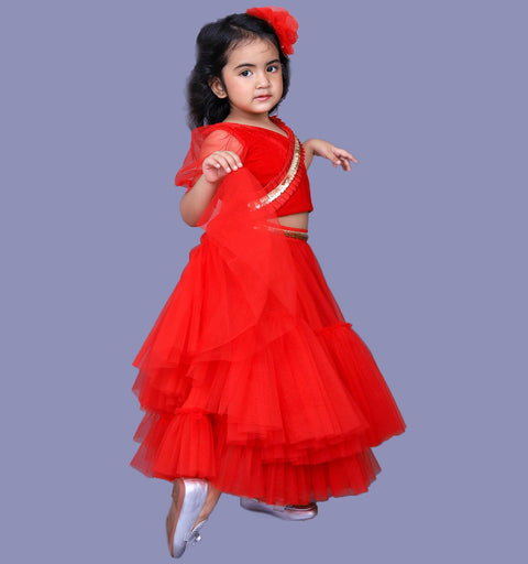 Pre-Order: Red Velvet Stylish Top And Frill Net Lehenga
