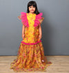 Pre-Order: Yellow Ghagra Choli in Printed Organza with Pink Frilled Top