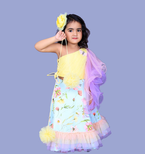 Pre-Order: Butterfly Embellished Pintuck stylish Top with Floral Printed Lehenga