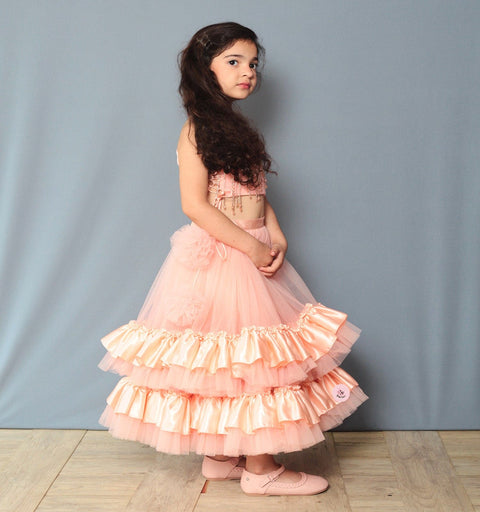 Pre-Order: One Shoulder Peach Lehenga Set Embellished with Tassel Lace