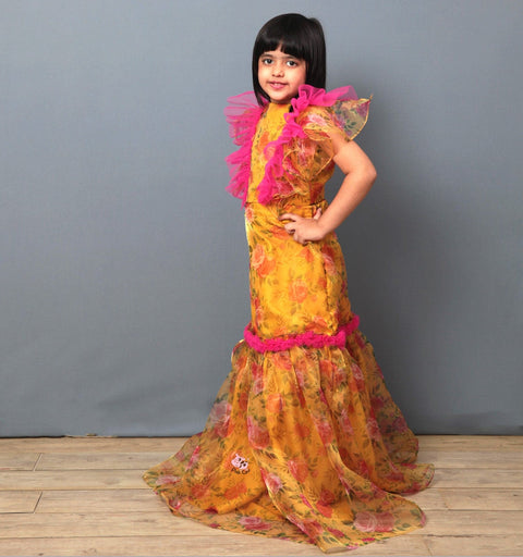 Pre-Order: Yellow Ghagra Choli in Printed Organza with Pink Frilled Top