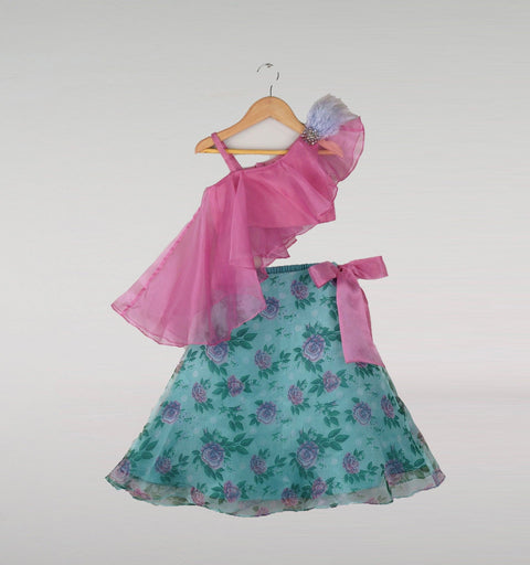 Pre-Order: Frilly Top With Floral Printed Lehenga