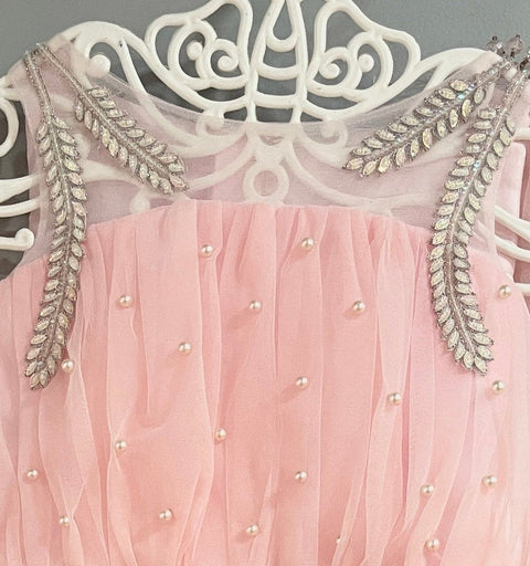 Pre-Order: Pearl Work And Feathers Detailing Top With Shaded Ruffled Lehenga