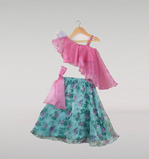 Pre-Order: Frilly Top With Floral Printed Lehenga