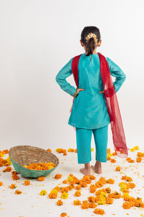 Pre-Order: Teal Pintucks Kurta Set- 3PC