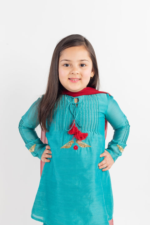 Pre-Order: Teal Pintucks Kurta Set- 3PC