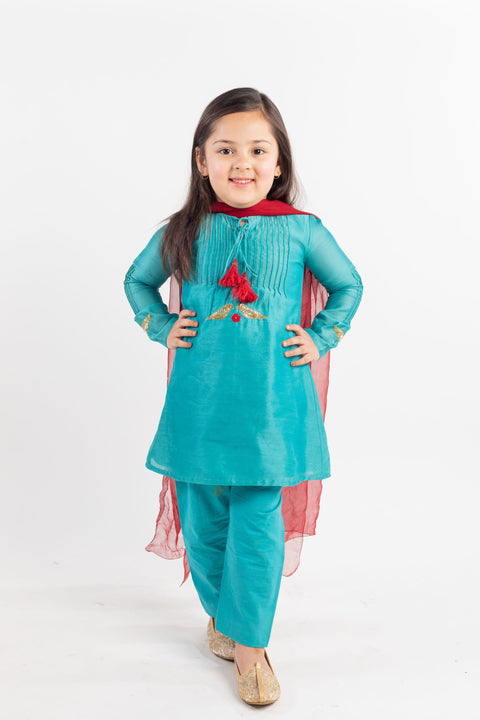 Pre-Order: Teal Pintucks Kurta Set- 3PC