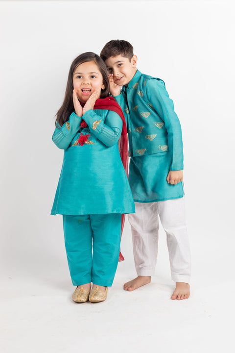 Pre-Order: Teal Pintucks Kurta Set- 3PC