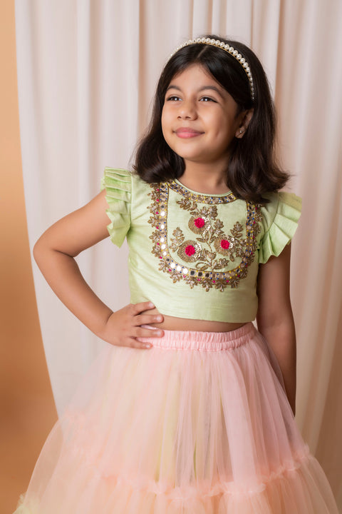 Pre-Order: Green and Peach Mirror Floral Embroidered Ghaghra Set