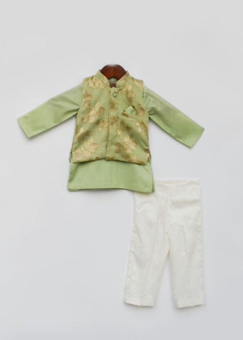 Pre-Order: Green Chanderi Brocade Jacket with Kurta and Pant