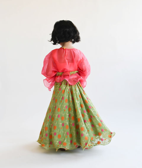 Pre Order: Green Georgette Lehenga with Pink Top and Organza Cape