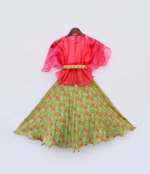 Pre Order: Green Georgette Lehenga with Pink Top and Organza Cape
